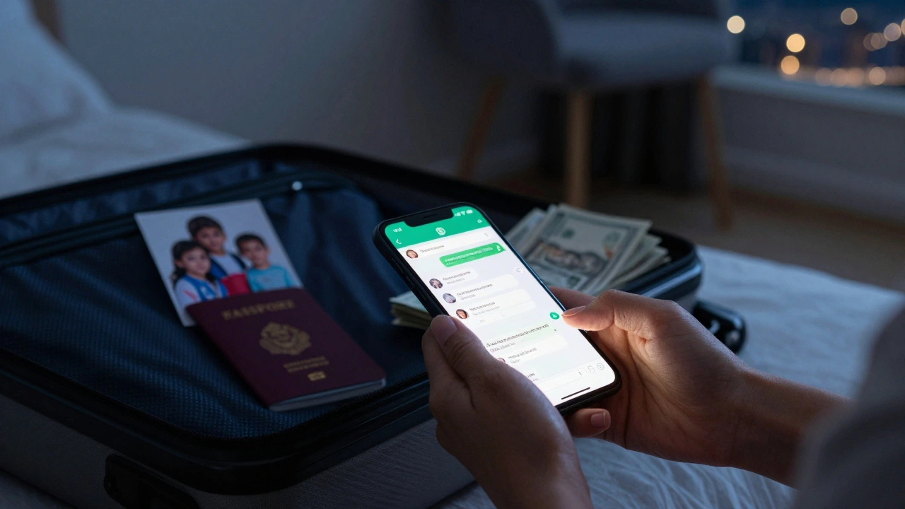A woman&#039;s hands typing on a phone in darkness, screen glowing with messages, a photo of children visible in her open suitcase.