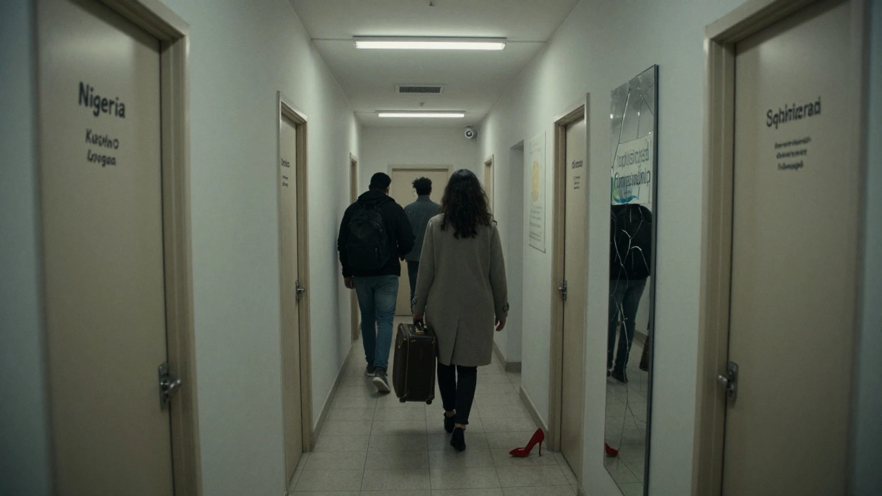 An anonymous Dubai hallway with closed doors labeled by nationality, a woman walks past a cracked mirror reflecting an escort ad.