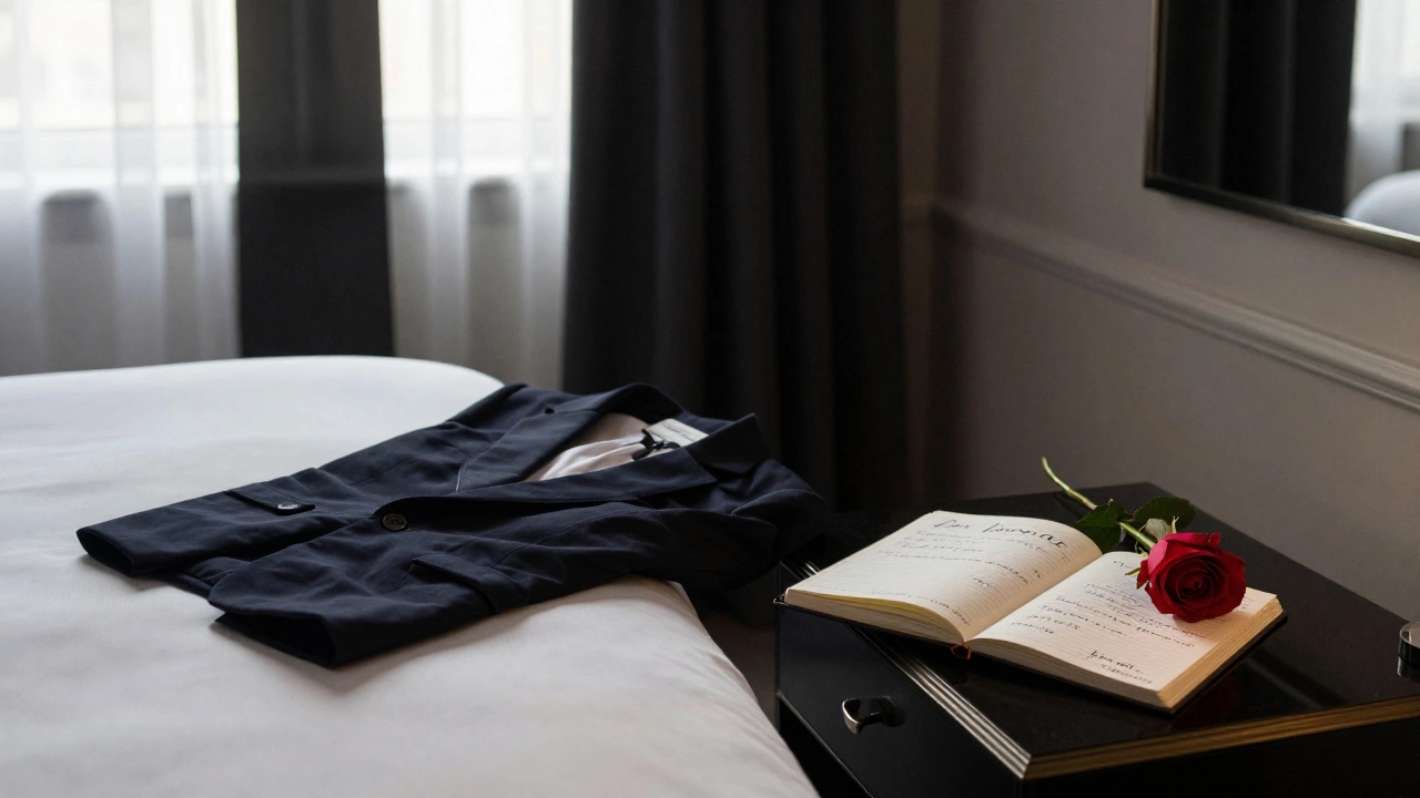 An empty hotel room with a journal and rose, conveying discretion and aftercare in escort services.