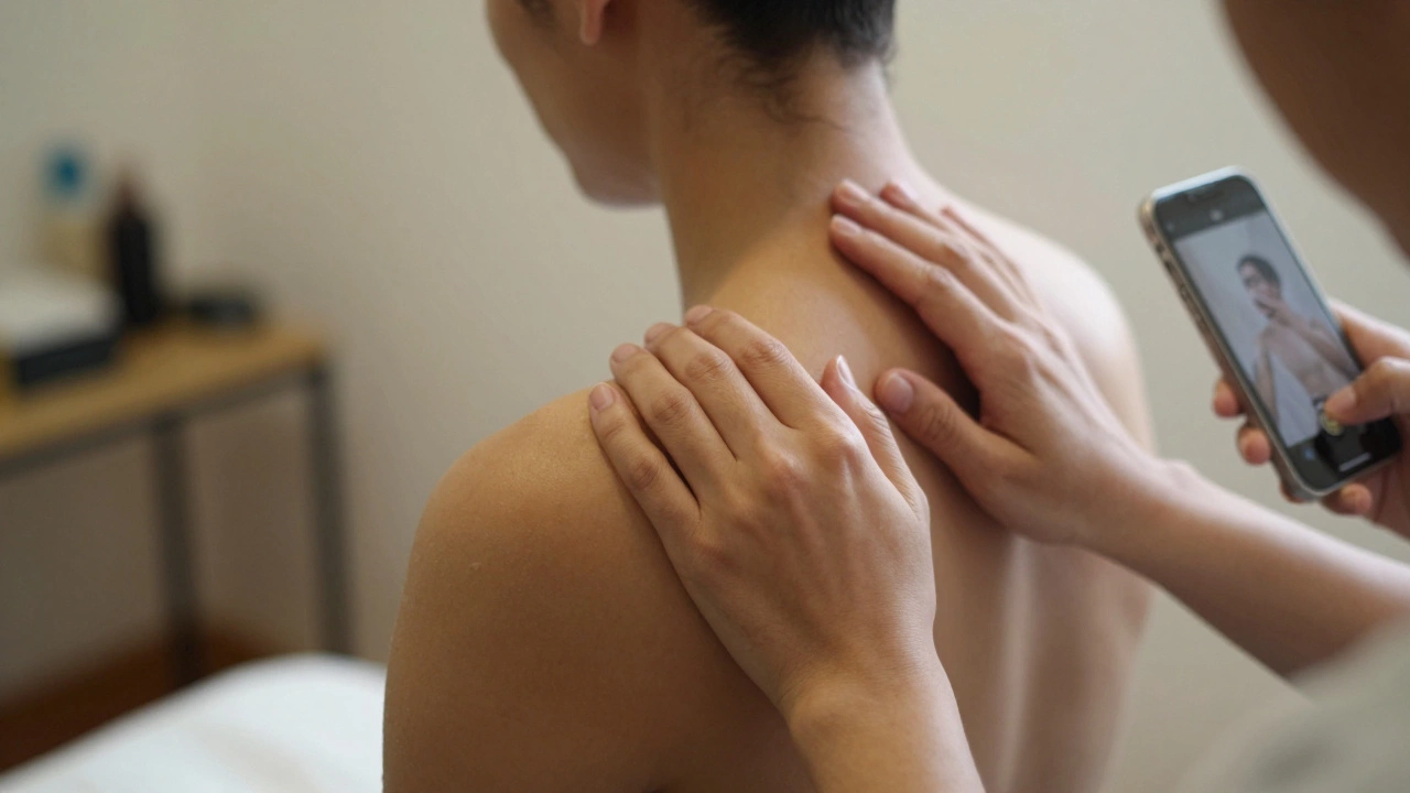 Professional hand giving a massage over clothing in a well-lit, quiet room.
